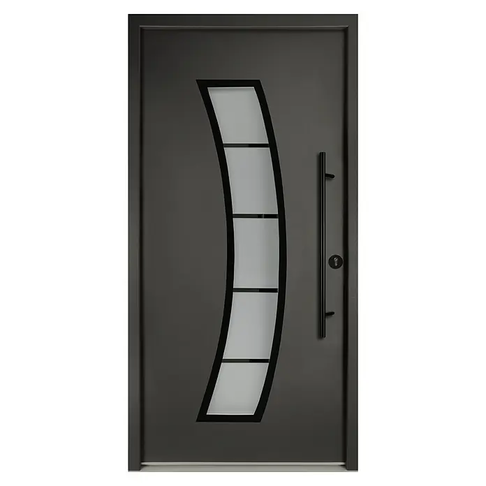 Splendoor Haustür Thermodoor PLUS SP10 Black Design - 110 x 210 cm, DIN Anschlag: Rechts, Anthrazitgrau Feinstruktur/Tiefschwarz - Elegante anthrazitfarbene Haustür mit geschwungenem Glaseinsatz und modernem, langem Türgriff. Der Eingangsbereich wirkt einladend.
