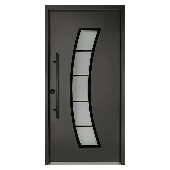 Splendoor Haustür Thermodoor PLUS SP10 Black Design - 110 x 210 cm, DIN Anschlag: Links, Anthrazitgrau Feinstruktur/Tiefschwarz - Elegante Anthrazit-farbene Tür mit gebogenem Glaseinsatz und modernem Griff. Hochwertiges Design für stilvolle Hauseingänge.