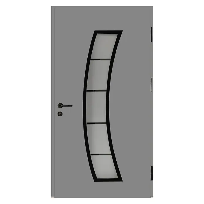 Splendoor Haustür Thermodoor PLUS SP10 Black Design - 110 x 210 cm, DIN Anschlag: Rechts, Verkehrsgrau/Tiefschwarz - Graue Tür mit geschwungenem, schwarzem Glaseinsatz und modernen Beschlägen. Das Design ist stilvoll und zeitgemäß.