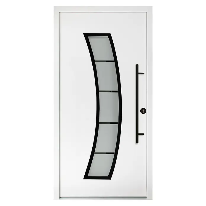 Splendoor Haustür Thermodoor PLUS SP10 Black Design - 100 x 210 cm, DIN Anschlag: Rechts, Verkehrsweiß/Tiefschwarz - Eine moderne weiße Eingangstür mit einem geschwungenen Glaseinsatz und einem langen, vertikalen Türgriff.