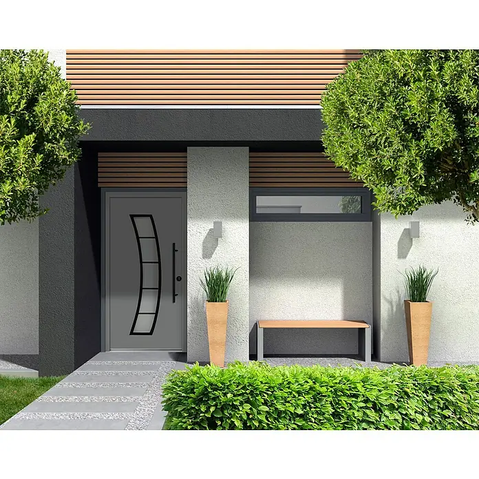 Splendoor Haustür Thermodoor PLUS SP10 Black Design - 110 x 210 cm, DIN Anschlag: Rechts, Verkehrsgrau/Tiefschwarz - Elegante Haustür mit modernem Design und schlankem Griff, umgeben von stilvoller Fassade und Pflanzen. Einladender Eingangsbereich mit Bepflanzung.
