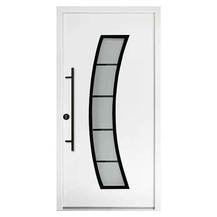 Splendoor Haustür Thermodoor PLUS SP10 Black Design - 100 x 210 cm, DIN Anschlag: Links, Verkehrsweiß/Tiefschwarz - Elegante weiße Eingangstür mit modernem, geschwungenem Glaseinsatz und einem langen, schlanken Türgriff. Ideal für ein stilvolles Zuhause.