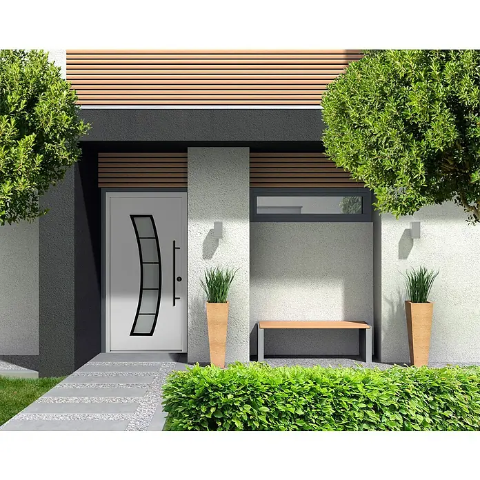 Splendoor Haustür Thermodoor PLUS SP10 Black Design - 100 x 210 cm, DIN Anschlag: Rechts, Verkehrsweiß/Tiefschwarz - Moderne Haustür mit Glasdesign und senkrechtem Griff, umgeben von üppiger Vegetation, die ein einladendes und stilvolles Erscheinungsbild bietet.