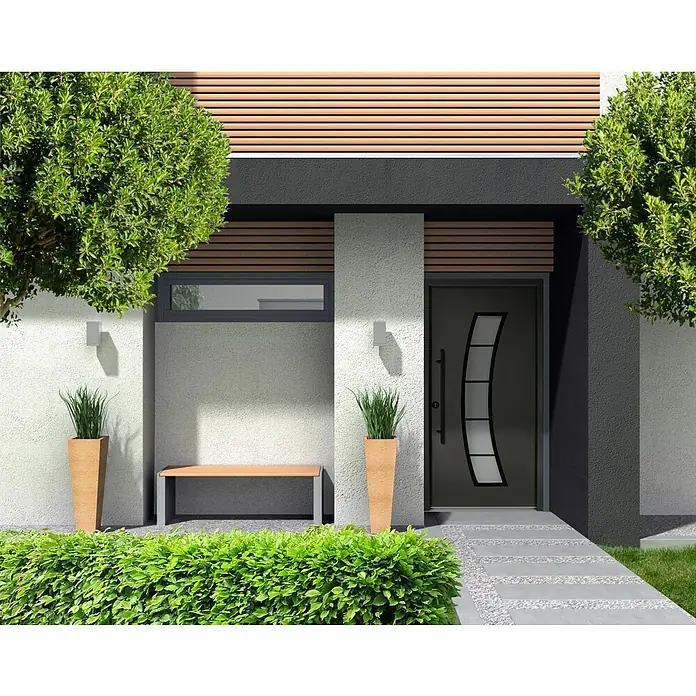 Splendoor Haustür Thermodoor PLUS SP10 Black Design - 110 x 210 cm, DIN Anschlag: Links, Anthrazitgrau Feinstruktur/Tiefschwarz - Moderne Haustür mit Glaselementen und geradlinigem Design, umgeben von grünen Pflanzen, die einen einladenden Eingangsbereich schaffen.