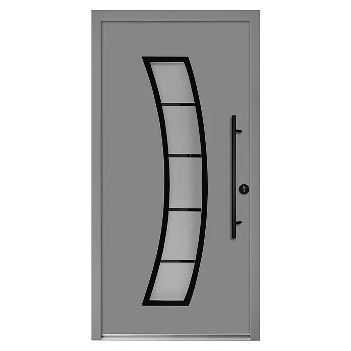 Splendoor Haustür Thermodoor PLUS SP10 Black Design - 110 x 210 cm, DIN Anschlag: Rechts, Verkehrsgrau/Tiefschwarz - Graue Tür mit gebogenem Glaseinsatz und schwarzem Griff, ideal für moderne Hauseingänge.