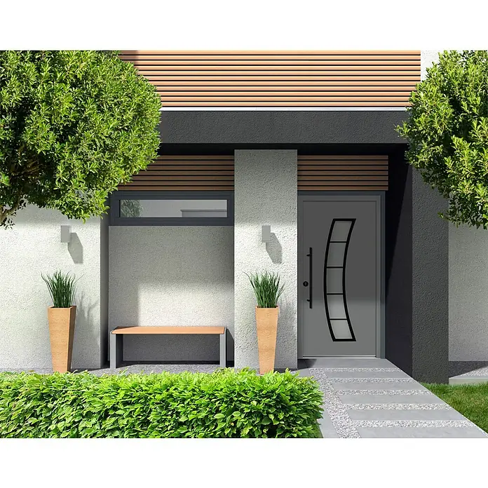 Splendoor Haustür Thermodoor PLUS SP10 Black Design - 100 x 210 cm, DIN Anschlag: Links, Verkehrsgrau/Tiefschwarz - Modernes Haus mit grauer Tür, stilvollem Design und Holzelementen. Die Bepflanzung rundet das elegante Erscheinungsbild ab.