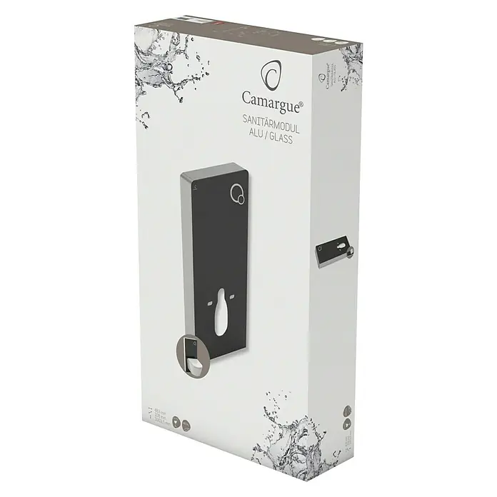 Camargue Sanitärmodul für Wand-WC - 2-Mengen-Spülung, 10,8 x 48,3 x 100 cm, Glasverkleidung, Schwarz - Verpackung des Camargue Sanitärmoduls aus Alu/Glas mit klarem Design und Wasser-Spritzer-Motiv für das Badezimmer.