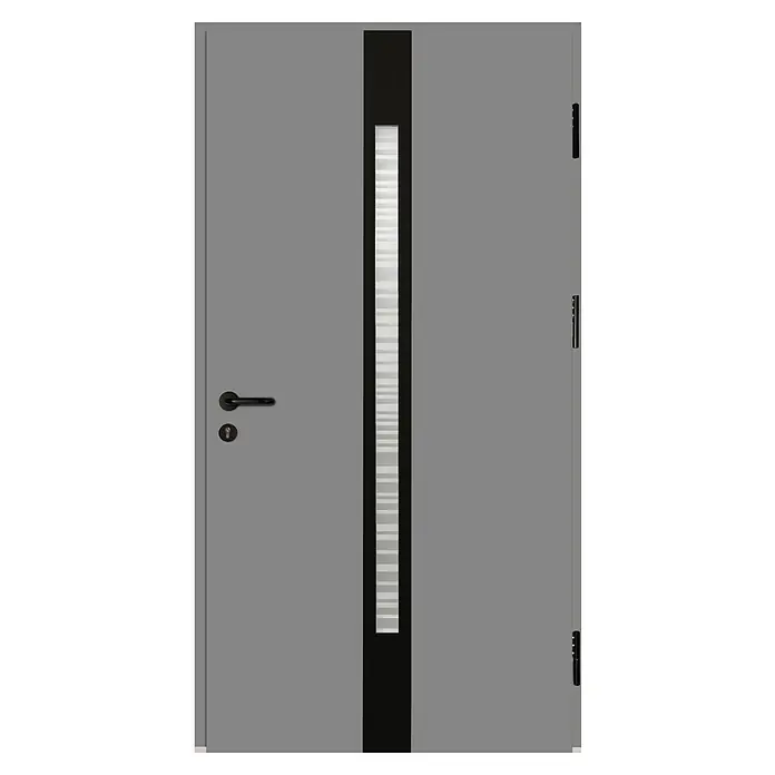 Splendoor Haustür Thermodoor PLUS SP20 Black Design - 110 x 210 cm, DIN Anschlag: Rechts, Verkehrsgrau/Tiefschwarz - Graue Tür mit einem vertikalen schwarzen Streifen in der Mitte, der ein Fenster enthält.