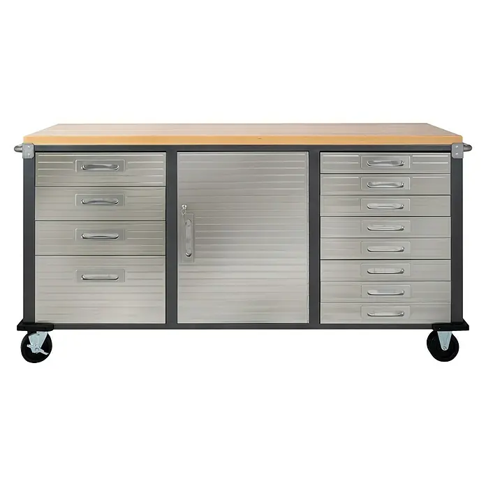 Werkstattwagen - L x B x H: 51 x 195 x 95 cm, Anzahl Schubladen: 12 Stk. - Werkbank mit Holzplatte und Metallschrank mit Schubladen und Tür für Werkstatt oder Garage.