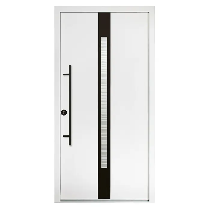 Splendoor Haustür Thermodoor PLUS SP20 Black Design - 110 x 210 cm, DIN Anschlag: Links, Verkehrsweiß/Tiefschwarz - Eine moderne weiße Haustür mit einem senkrechten schwarzen Streifen, der ein schmales Fenster beinhaltet, und einem langen schwarzen Griff.