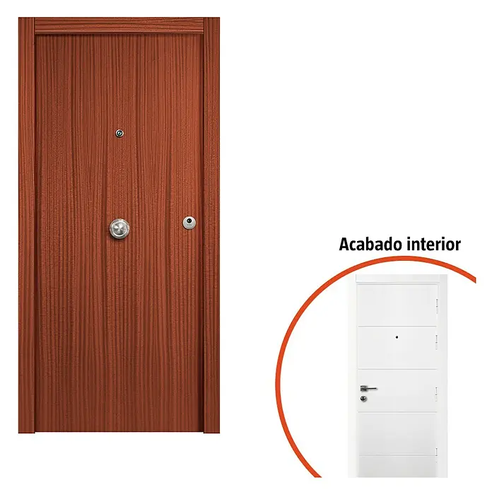 Puerta de entrada interior mixta - 82,5 x 203 cm, Izquierda, Sapelly/Blanco, Rayas - Imagen de una puerta de seguridad para apartamento con acabado de madera exterior y una puerta interior blanca para mostrar opciones de diseño.