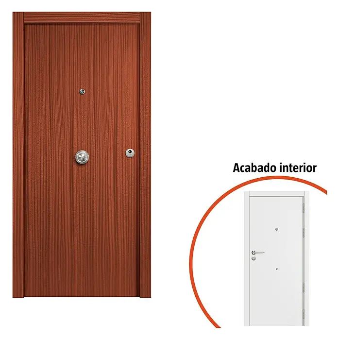 Puerta de entrada interior mixta - 82,5 x 203 cm, Izquierda, Sapelly/Blanco, Lisa - Puerta de seguridad marrón con pomo plateado y mirilla, con una puerta interior blanca detallada al fondo.