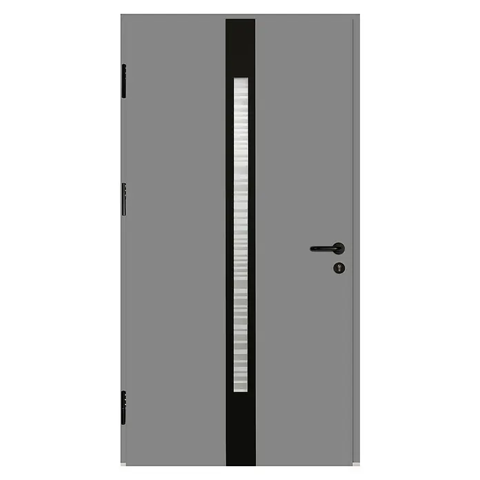 Splendoor Haustür Thermodoor PLUS SP20 Black Design - 100 x 210 cm, DIN Anschlag: Links, Verkehrsgrau/Tiefschwarz - Moderne Haustür in Grau mit schwarzem Akzent und vertikalem Glaseinsatz für einen stilvollen Eingangsbereich.