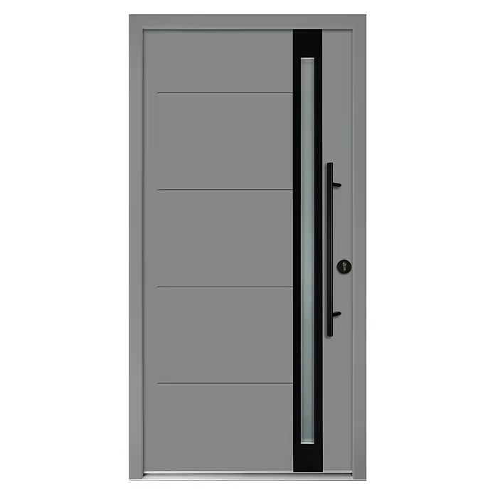 Splendoor Haustür Thermodoor PLUS SP30 Black Design - 100 x 210 cm, DIN Anschlag: Rechts, Verkehrsgrau/Tiefschwarz - Graue Haustür mit modernem Design, inklusive senkrechtem Glaselement und langem, schwarzem Griff.