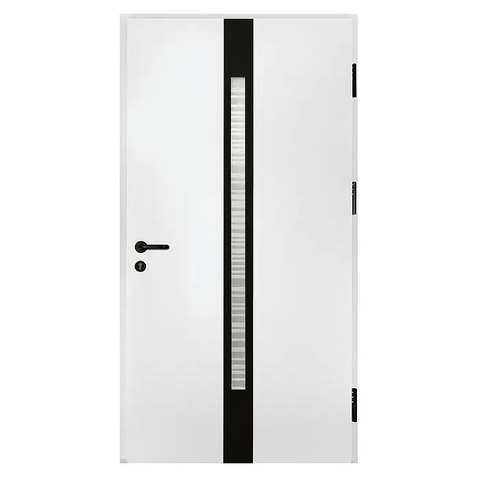 Splendoor Haustür Thermodoor PLUS SP20 Black Design - 110 x 210 cm, DIN Anschlag: Rechts, Verkehrsweiß/Tiefschwarz - Nahaufnahme einer weißen Haustür mit einem schwarzen vertikalen Streifen und einem modernen Türgriff.