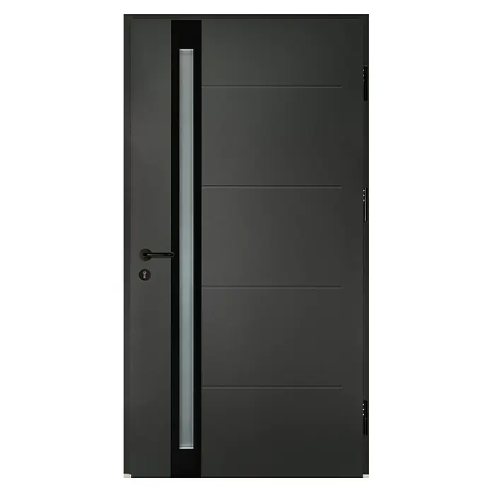 Splendoor Haustür Thermodoor PLUS SP30 Black Design - 110 x 210 cm, DIN Anschlag: Rechts, Anthrazitgrau Feinstruktur/Tiefschwarz - Moderne graue Haustür mit senkrechtem Glaseinsatz und horizontalen Zierlinien für ein stilvolles Erscheinungsbild.