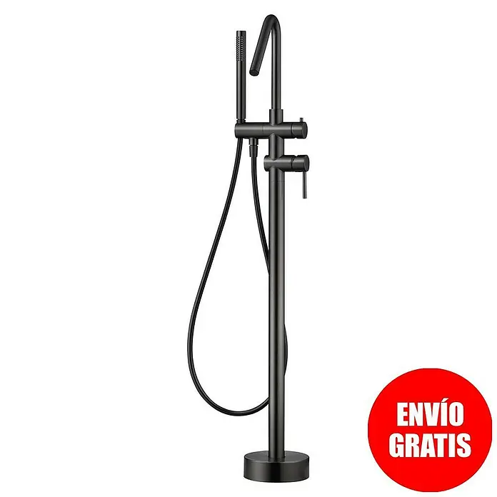 Camargue Natur Grifo para bañera - Black gun metal - Imagen de un grifo de bañera negro, de pie, con ducha de mano y base redonda.