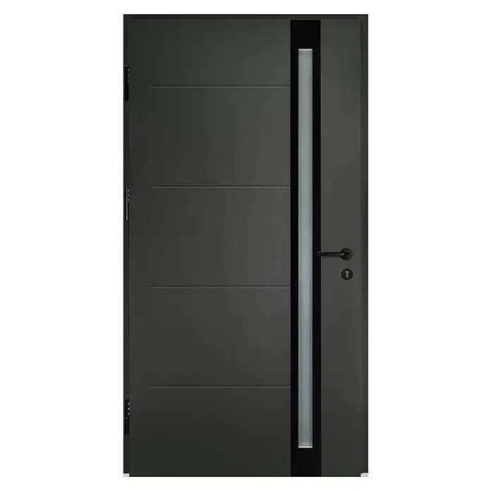 Splendoor Haustür Thermodoor PLUS SP30 Black Design - 110 x 210 cm, DIN Anschlag: Links, Anthrazitgrau Feinstruktur/Tiefschwarz - Moderne anthrazitfarbene Haustür mit vertikalem Glaselement und horizontalen Zierlinien für einen eleganten Eingangsbereich.