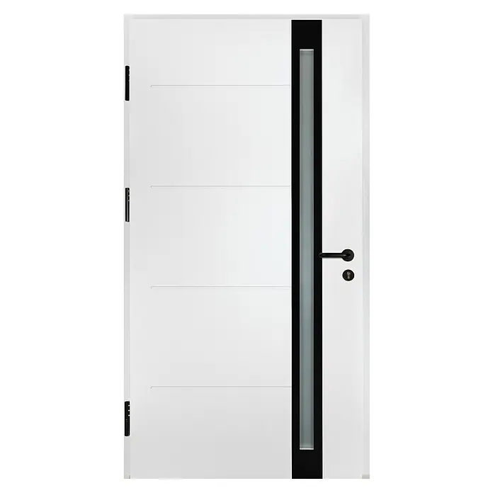 Splendoor Haustür Thermodoor PLUS SP30 Black Design - 100 x 210 cm, DIN Anschlag: Links, Verkehrsweiß/Tiefschwarz - Eine moderne weiße Tür mit einem schmalen, vertikalen Glasstreifen und schwarzen Beschlägen, die ein elegantes und minimalistisches Design aufweist.
