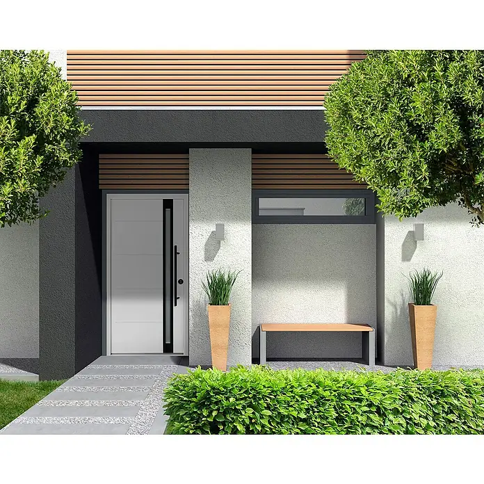 Splendoor Haustür Thermodoor PLUS SP30 Black Design - 100 x 210 cm, DIN Anschlag: Rechts, Verkehrsweiß/Tiefschwarz - Modernes Haus mit einer grauen Tür, umgeben von grünen Pflanzen und minimalistischem Design. Die klare Linienführung betont die Eleganz der Fassade.