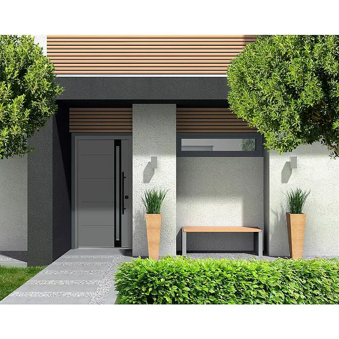 Splendoor Haustür Thermodoor PLUS SP30 Black Design - 100 x 210 cm, DIN Anschlag: Rechts, Verkehrsgrau/Tiefschwarz - Moderne graue Haustür mit vertikalem Fenster in einem stilvollen Haus mit minimalistischem Design und begrüntem Eingangsbereich.