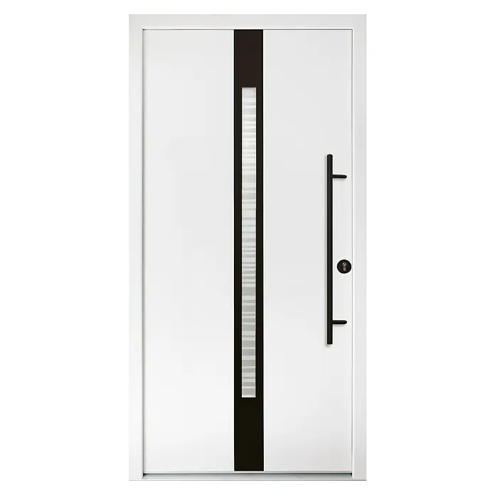 Splendoor Haustür Thermodoor PLUS SP20 Black Design - 110 x 210 cm, DIN Anschlag: Rechts, Verkehrsweiß/Tiefschwarz - Moderne weiße Haustür mit dunklem Mittelstreifen und vertikalem Griff. Schlichtes, elegantes Design für den Hauseingang.