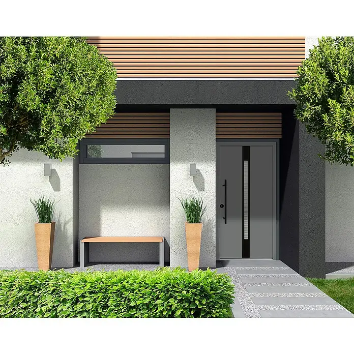 Splendoor Haustür Thermodoor PLUS SP20 Black Design - 100 x 210 cm, DIN Anschlag: Links, Verkehrsgrau/Tiefschwarz - Moderne Haustür mit linearem Design und schmalem Fensterband. Stilvolles Entree mit grauem Rahmen und hellem Fassadenanstrich.