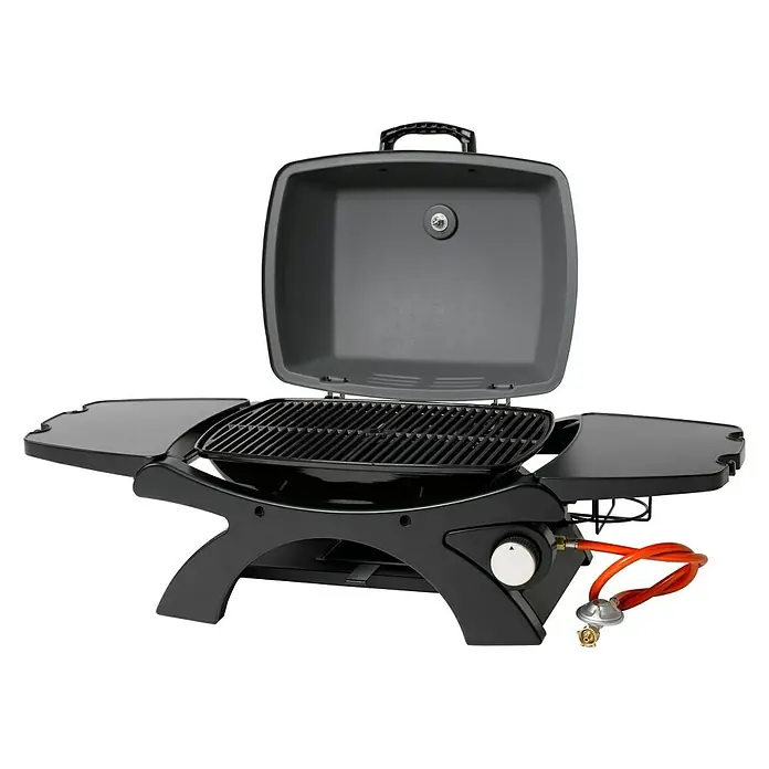 Tepro Gasgrill Abington - Grillfläche (B x T): 23,5 x 35 cm, 3,2 kW, Anzahl Brenner: 1 - Kompakter, schwarzer Gasgrill mit offenem Deckel und Seitenablagen, ideal für unterwegs und kleine Balkone.