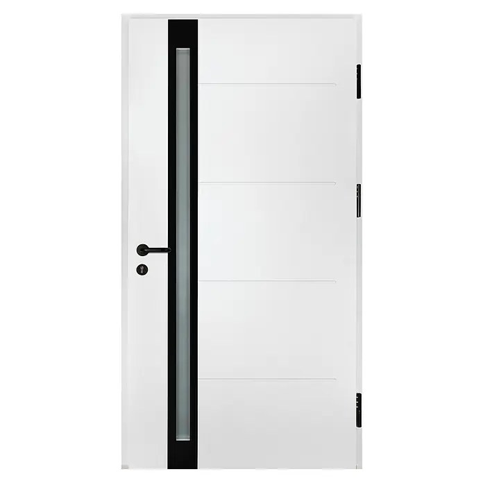 Splendoor Haustür Thermodoor PLUS SP30 Black Design - 100 x 210 cm, DIN Anschlag: Rechts, Verkehrsweiß/Tiefschwarz - Elegante weiße Tür mit schwarzem Akzent und schmalem Glasstreifen für modernes Design. Die Tür bietet eine stilvolle Optik.