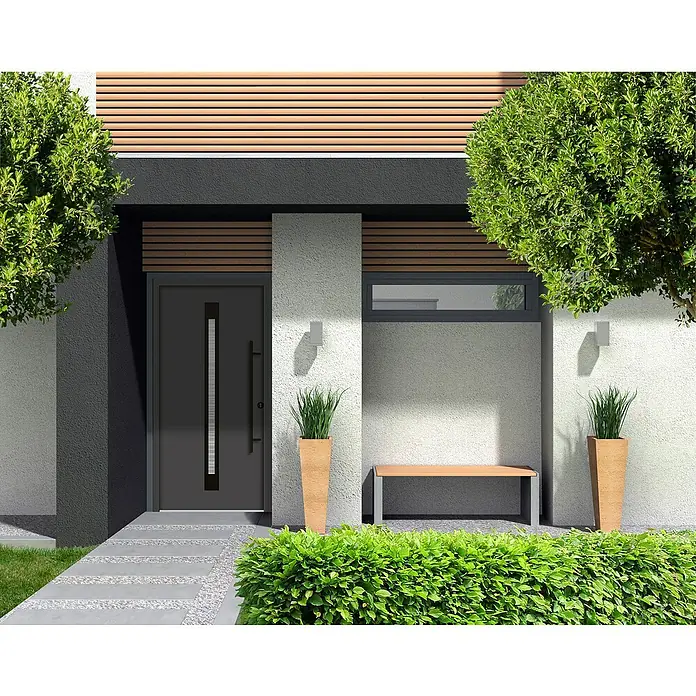 Splendoor Haustür Thermodoor PLUS SP20 Black Design - 110 x 210 cm, DIN Anschlag: Rechts, Anthrazitgrau Feinstruktur/Tiefschwarz - Modernes Haus mit grauer Tür, flankiert von Grünpflanzen. Die Fassade ist mit Holzdetails und einem kleinen Fenster gestaltet.