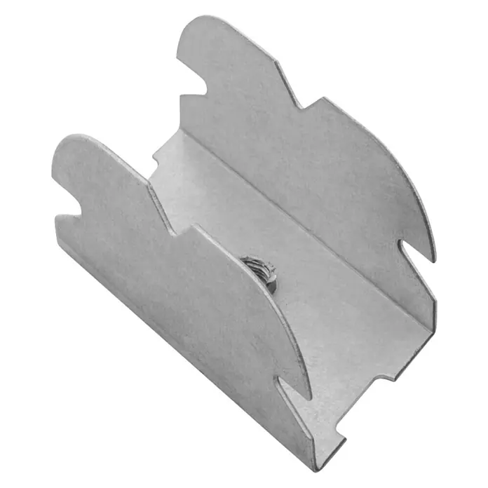 Placafix Elemento de unión para perfiles Horquilla TC45/47 - Plateado - Un puntal de canal C galvanizado con una tuerca en el centro, ideal para montaje y construcción.