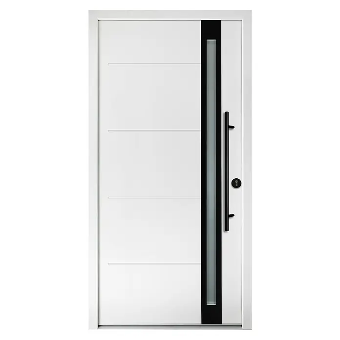 Splendoor Haustür Thermodoor PLUS SP30 Black Design - 100 x 210 cm, DIN Anschlag: Rechts, Verkehrsweiß/Tiefschwarz - Elegante weiße Eingangstür mit schmalem Fenster und schwarzem Griff, die ein modernes Design und einladende Atmosphäre bietet.