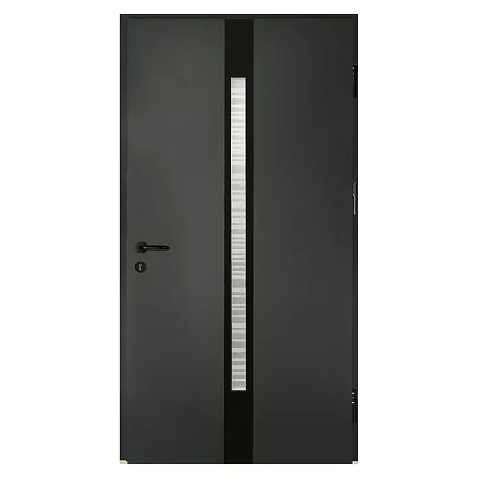 Splendoor Haustür Thermodoor PLUS SP20 Black Design - 110 x 210 cm, DIN Anschlag: Rechts, Anthrazitgrau Feinstruktur/Tiefschwarz - Elegante, moderne graue Tür mit einem vertikalen Fensterstreifen, die eine stilvolle und funktionale Ergänzung für jedes Zuhause darstellt.