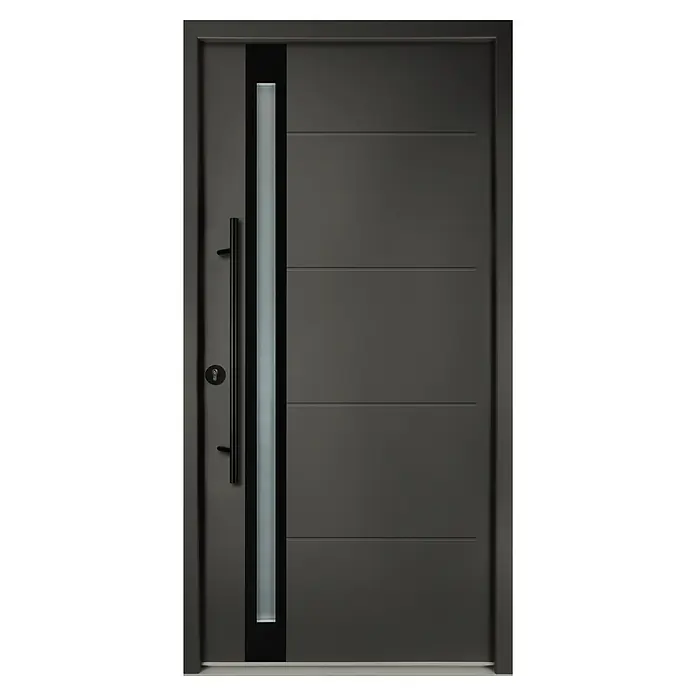 Splendoor Haustür Thermodoor PLUS SP30 Black Design - 110 x 210 cm, DIN Anschlag: Links, Anthrazitgrau Feinstruktur/Tiefschwarz - Moderne graue Haustür mit schlankem Fenster und geradem Griff. Das Design ist minimalistisch und elegant.