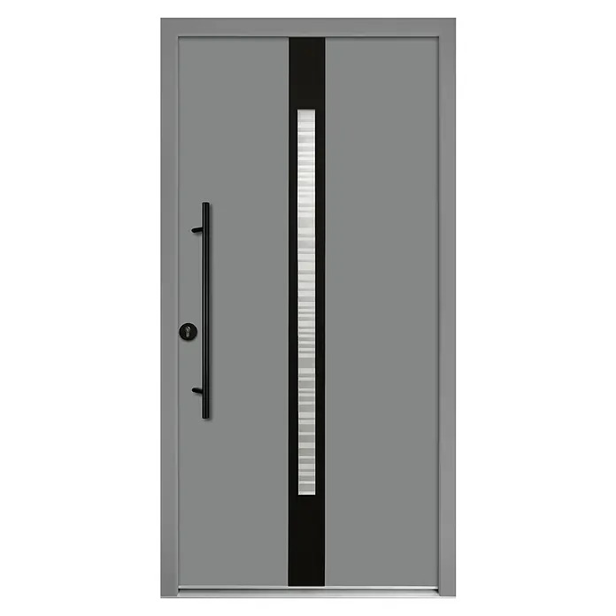 Splendoor Haustür Thermodoor PLUS SP20 Black Design - 100 x 210 cm, DIN Anschlag: Links, Verkehrsgrau/Tiefschwarz - Graue Haustür mit senkrechtem Glaseinsatz, schwarzer Griffleiste und silbergrauem Rahmen für einen modernen und eleganten Eingangsbereich.