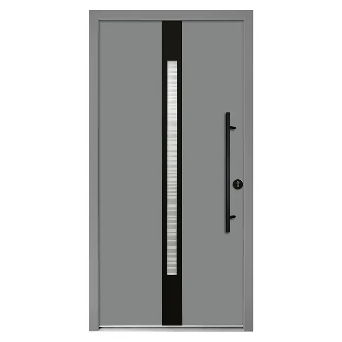 Splendoor Haustür Thermodoor PLUS SP20 Black Design - 110 x 210 cm, DIN Anschlag: Rechts, Verkehrsgrau/Tiefschwarz - Elegante graue Haustür mit schwarzem Akzentstreifen und vertikalem Fenster. Der moderne Türgriff aus schwarzem Metall ergänzt das Design optimal.