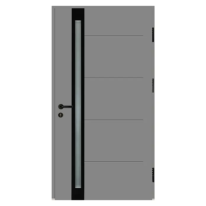 Splendoor Haustür Thermodoor PLUS SP30 Black Design - 100 x 210 cm, DIN Anschlag: Rechts, Verkehrsgrau/Tiefschwarz - Graue Haustür mit vertikalem Glaseinsatz und Griff. Die Tür hat ein modernes Design mit horizontalen Linien und schwarzen Beschlägen.