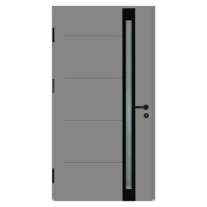 Splendoor Haustür Thermodoor PLUS SP30 Black Design - 100 x 210 cm, DIN Anschlag: Links, Verkehrsgrau/Tiefschwarz - Graue moderne Haustür mit schmalem Glaseinsatz und horizontalen Linien, elegantes Design für einen stilvollen Eingangsbereich.