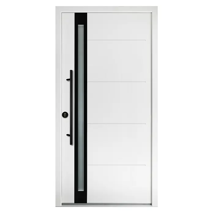 Splendoor Haustür Thermodoor PLUS SP30 Black Design - 100 x 210 cm, DIN Anschlag: Links, Verkehrsweiß/Tiefschwarz - Aufnahme einer weißen modernen Haustür mit schmalem Glaseinsatz und einem langen schwarzen Griff.