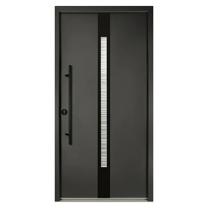 Splendoor Haustür Thermodoor PLUS SP20 Black Design - 100 x 210 cm, DIN Anschlag: Links, Anthrazitgrau Feinstruktur/Tiefschwarz - Eine moderne, anthrazitfarbene Haustür mit einem vertikalen Fensterband und einem langen, schlanken Türgriff.