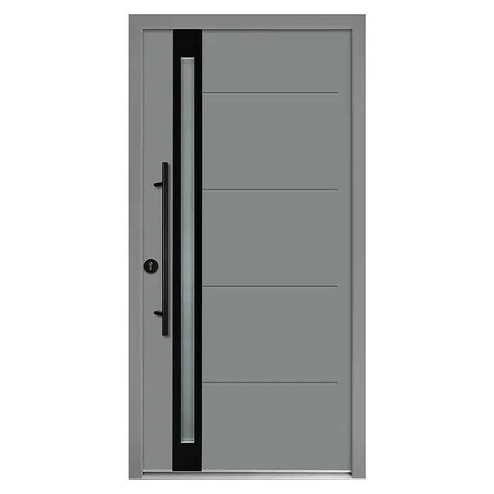 Splendoor Haustür Thermodoor PLUS SP30 Black Design - 100 x 210 cm, DIN Anschlag: Links, Verkehrsgrau/Tiefschwarz - Graue Tür mit einem vertikalen Fenster, einem langen Griff und horizontalen dekorativen Linien.
