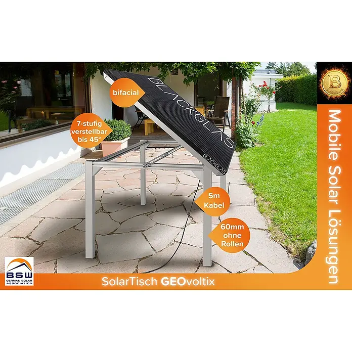 Blackglas Solar-Tischkraftwerk Geo Voltix - 0% MwSt. gem. § 12 Abs. 3 UStG - 445 W, L x B x H: 180 x 120 x 172,2 cm, Ohne Rollen - SolarTisch GEOvoltix mit bifazialem Solarmodul, 7-stufig verstellbar bis 45°, 5m Kabel und 60mm Füßen ohne Rollen. Mobile Solarlösungen.
