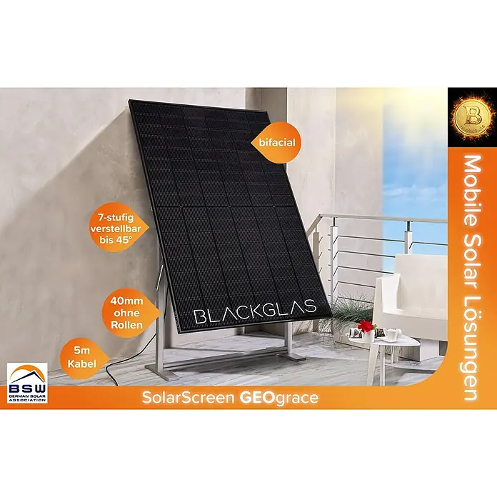 Blackglas Solar-Tischkraftwerk Geo Grace - 0% MwSt. gem. § 12 Abs. 3 UStG - 450 W, L x B x H: 180 x 120 x 180 cm, Ohne Rollen - Abbildung eines Blackglas SolarScreen GEOgrace Solarmoduls, bifazial, mit 7-stufig verstellbarem Winkel, 40mm Rahmen ohne Rollen und 5m Kabel.