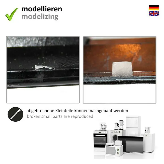 HG Power Glue Kleber-Set Klebstoff und Granulat - 15 g, 2 -tlg., Flasche - Das Bild zeigt die Möglichkeit, mit Modellieren abgebrochene Kleinteile von Haushaltsgeräten nachzubauen.