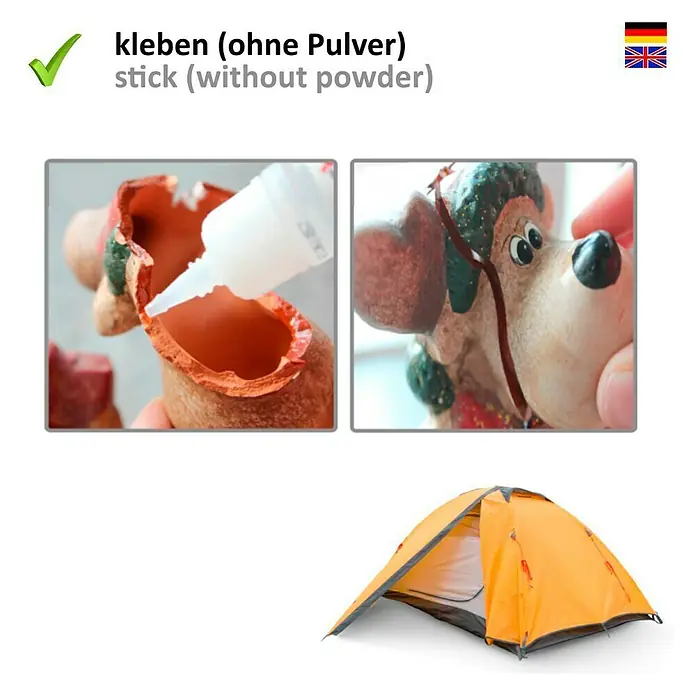 HG Power Glue Kleber-Set Klebstoff und Granulat - 15 g, 2 -tlg., Flasche - Das Bild zeigt, wie ein Keramik-Hund mit einem Klebestift ohne Pulver geklebt wird, um Schäden zu reparieren.