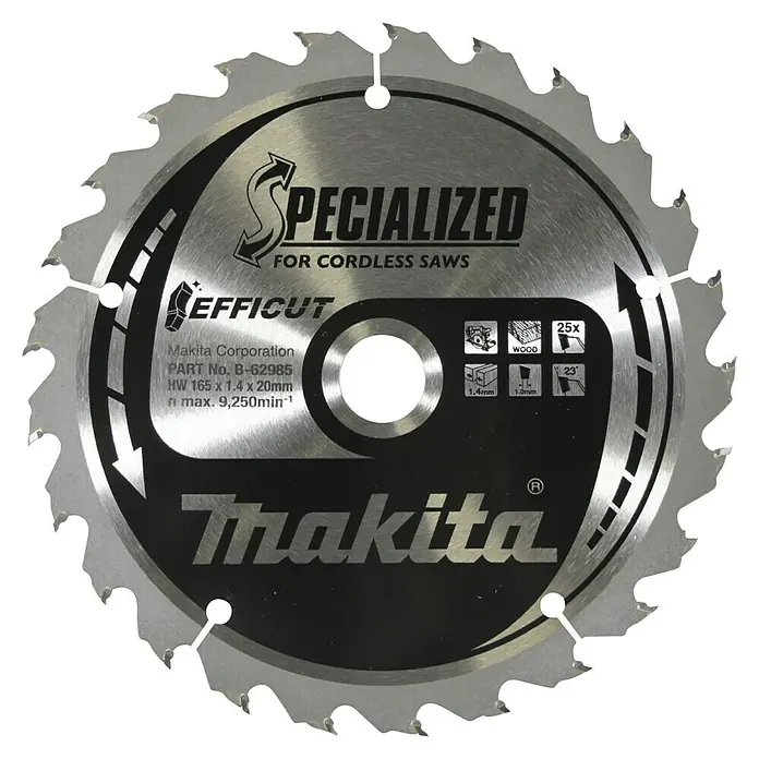 Makita Kreissägeblatt Efficut - 165 mm, Bohrung: 20 mm, Anzahl Zähne: 25 Stk. - Das Makita B-62985 Sägeblatt "Specialized Efficut" für Akku-Sägen, ideal für präzise Holzschnitte.