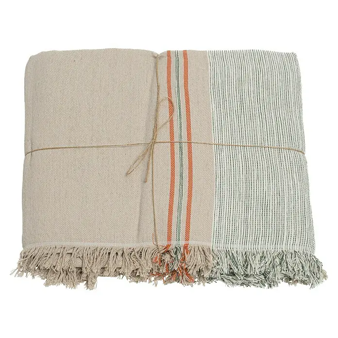 Manta para sofá Terracota - Textil, Terracota - Un camino de mesa rústico con flecos atado con hilo muestra un campo sólido, rayas y un campo a rayas.