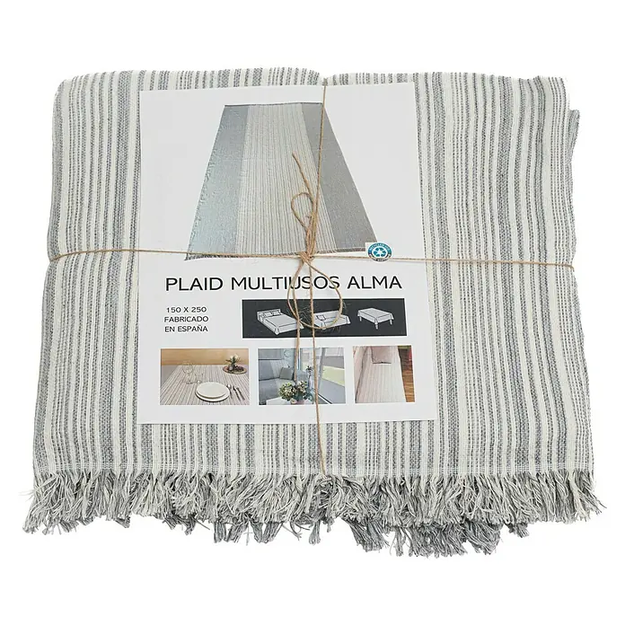 Manta para sofá Multiusos Raya Alma - Textil, Gris claro - Una manta a rayas "Plaid Multiusos Alma" con flecos, versátil como manta, colcha o mantel, atada con hilo de bramante.