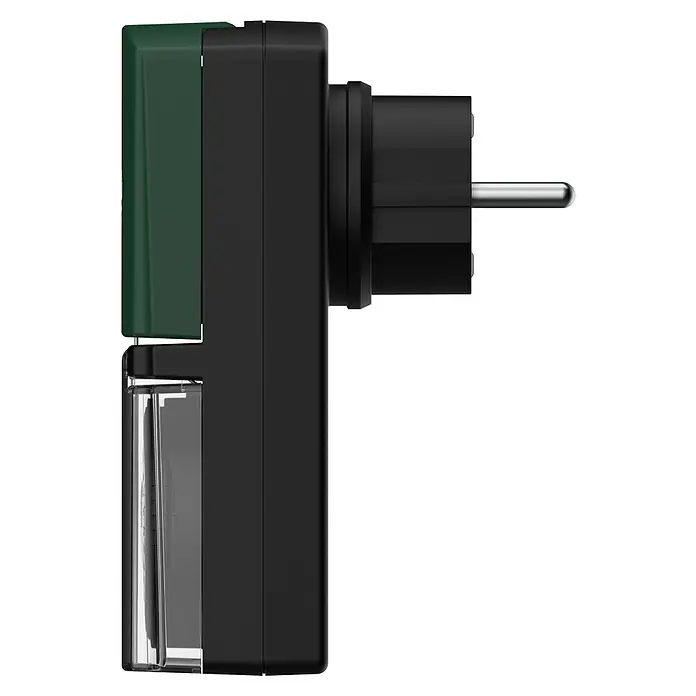 Außen-Zeitschaltuhr - Mechanisch, Grün, Schwarz, 3.500 W - Ein Seitenansicht eines schwarzen Geräts mit einem Netzstecker und einem grünen Teil, möglicherweise ein intelligenter Stecker.