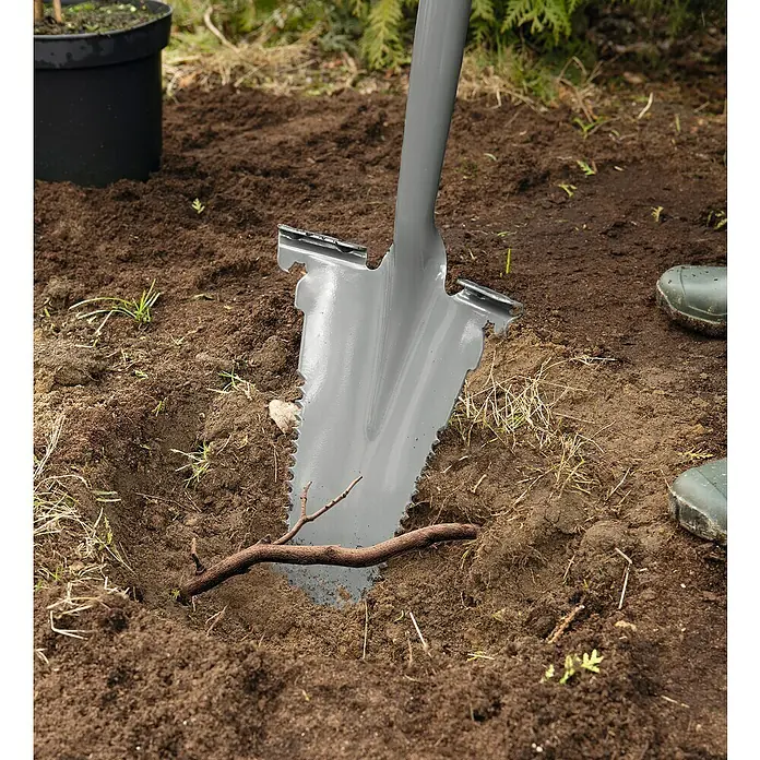 Easymaxx Multifunktionsspaten + Wurzelsäge - 114 cm, Stahl - Eine robuste Klappspaten zum Graben und Pflanzen im Garten. Das Werkzeug erleichtert die Gartenarbeit durch seine Vielseitigkeit.